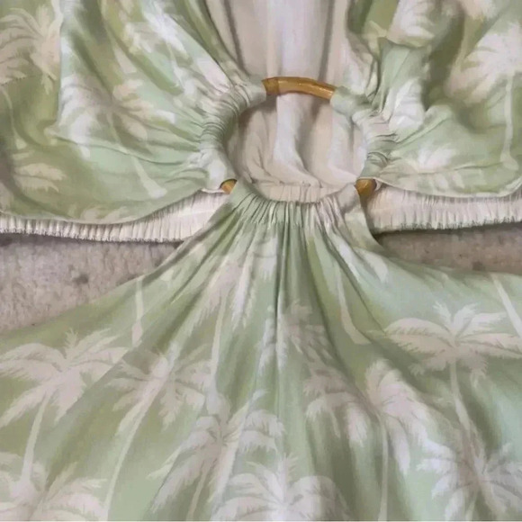 Lovers + Friends S Maysa Kimono Dress Palm Tree Print Green White Rayon Lined Sm - Picture 4 of 10